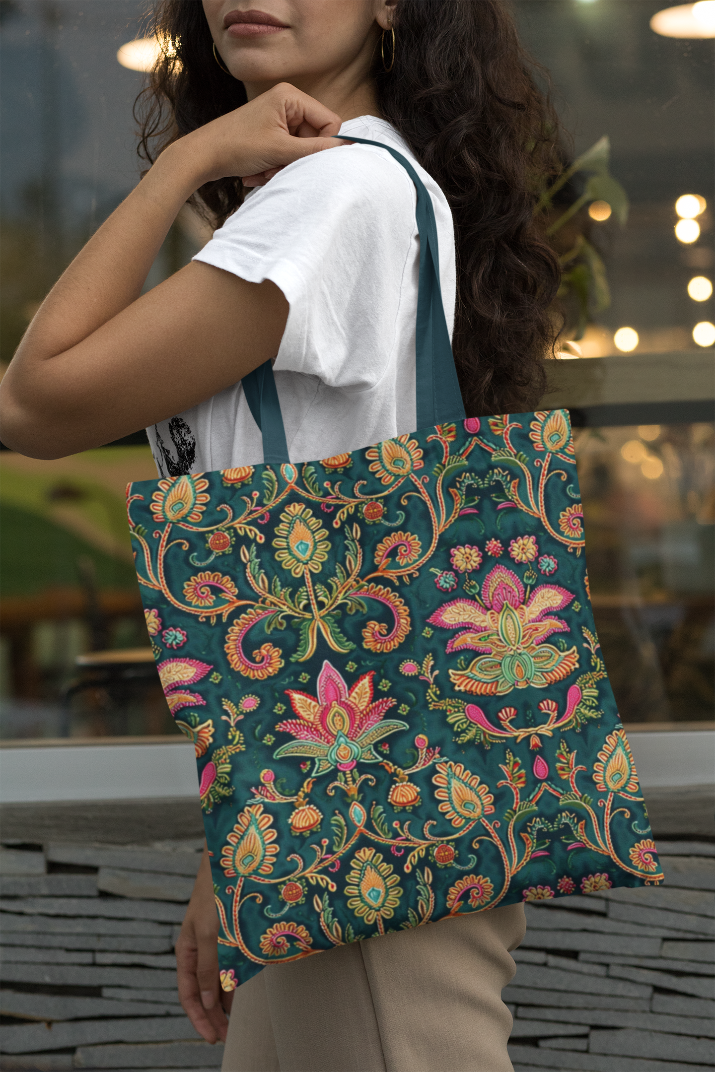 Indian Ethnic All Over Print Canvas Tote Bag With Zipper 15 x 17