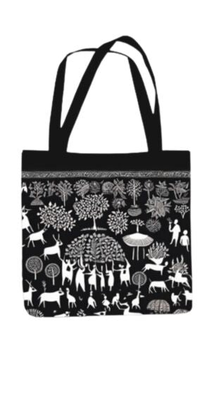 Warli - All Over Print Canvas Tote Bag With Zipper 15 x 17 inches