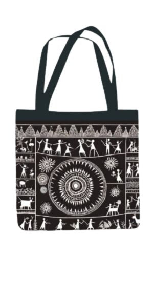 Warli - All Over Print Canvas Tote Bag With Zipper 15 x 17 inches