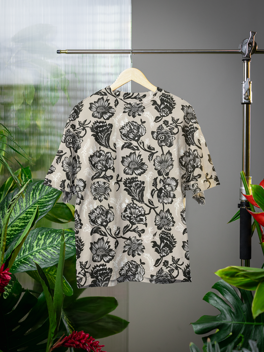 Monochrome Blooms - All Over Print Oversized Tshirt For Men And Women Designer Unisex Tshirt