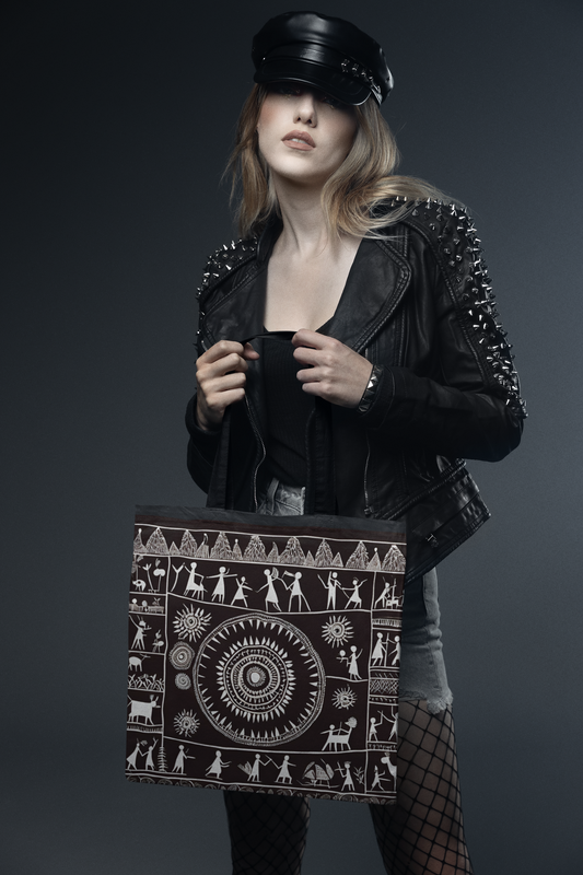 Warli - All Over Print Canvas Tote Bag With Zipper 15 x 17 inches