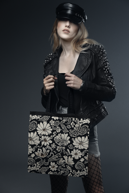 Monochrome Petals - All Over Print Canvas Tote Bag With Zipper 15 x 17 inches
