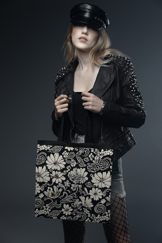 Monochrome Petals - All Over Print Canvas Tote Bag With Zipper 15 x 17 inches