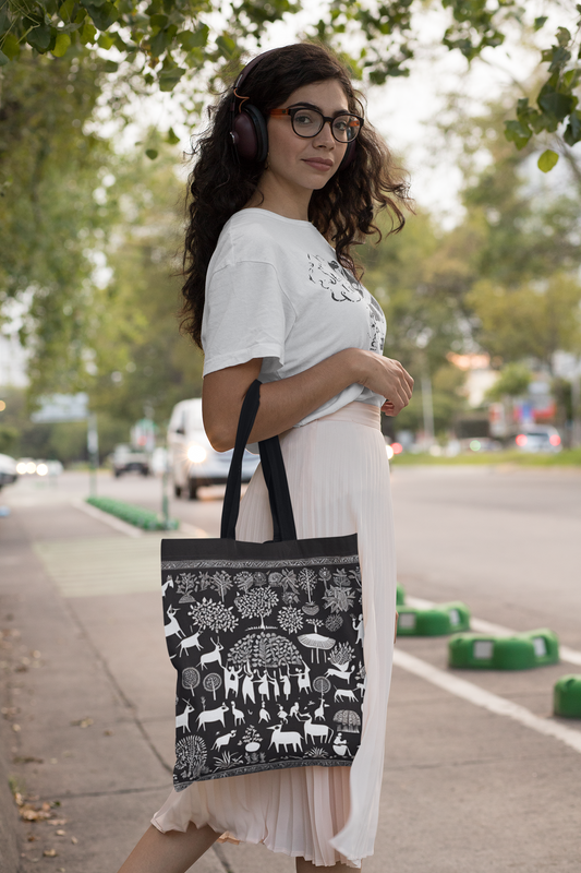 Warli - All Over Print Canvas Tote Bag With Zipper 15 x 17 inches